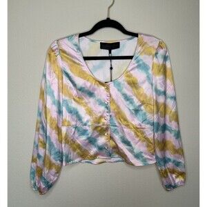 NWT Kendall and Kylie Size S Pastel Tie Dye Ballon Sleeve Blouse Missing Belt*